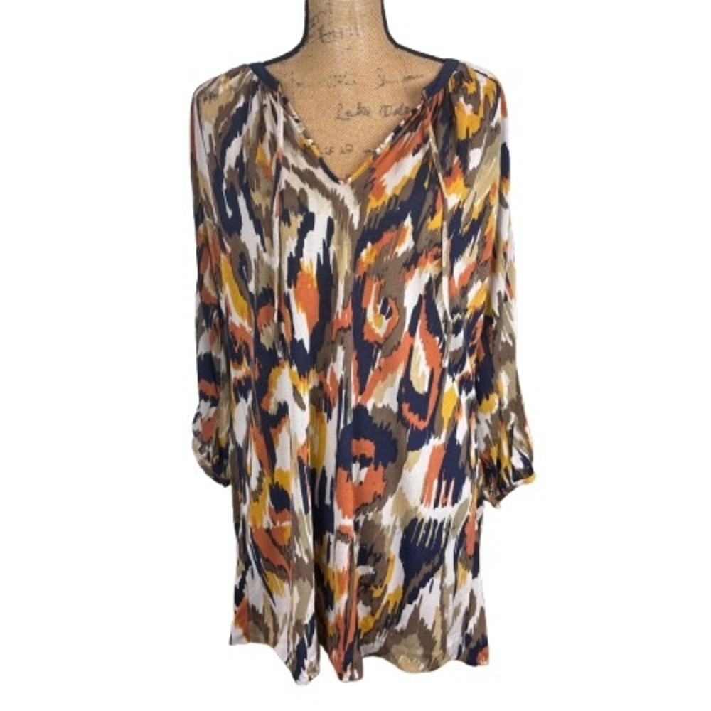 Tory Burch Meyer Tunic Dress Silk Ikat Print Navy Orange Tan Size Medium